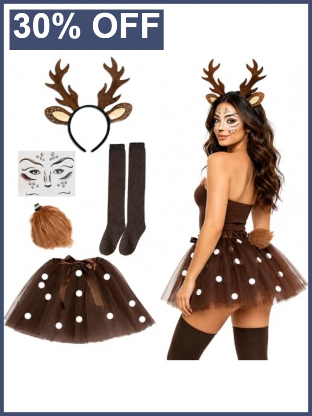 Women's Deer Costume 5-Piece Set: Antler Headband Tulle Skirt Socks